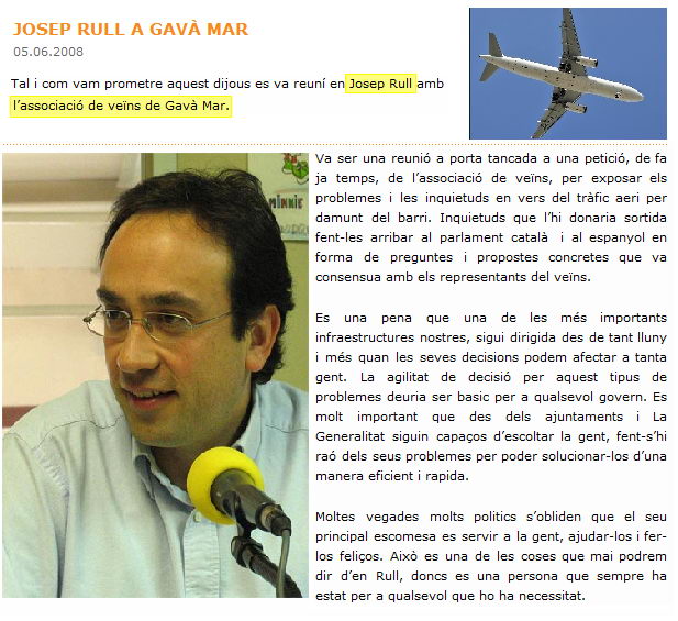 Not&iacute;cia publicada a la web de CDC de Gav&agrave; sobre la reuni&oacute; de Josep Rull (Diputat de CiU al Parlament de Catalunya) amb l'Associaci&oacute; de ve&iuml;ns de Gav&agrave; Mar (5 de Juny de 2008)
